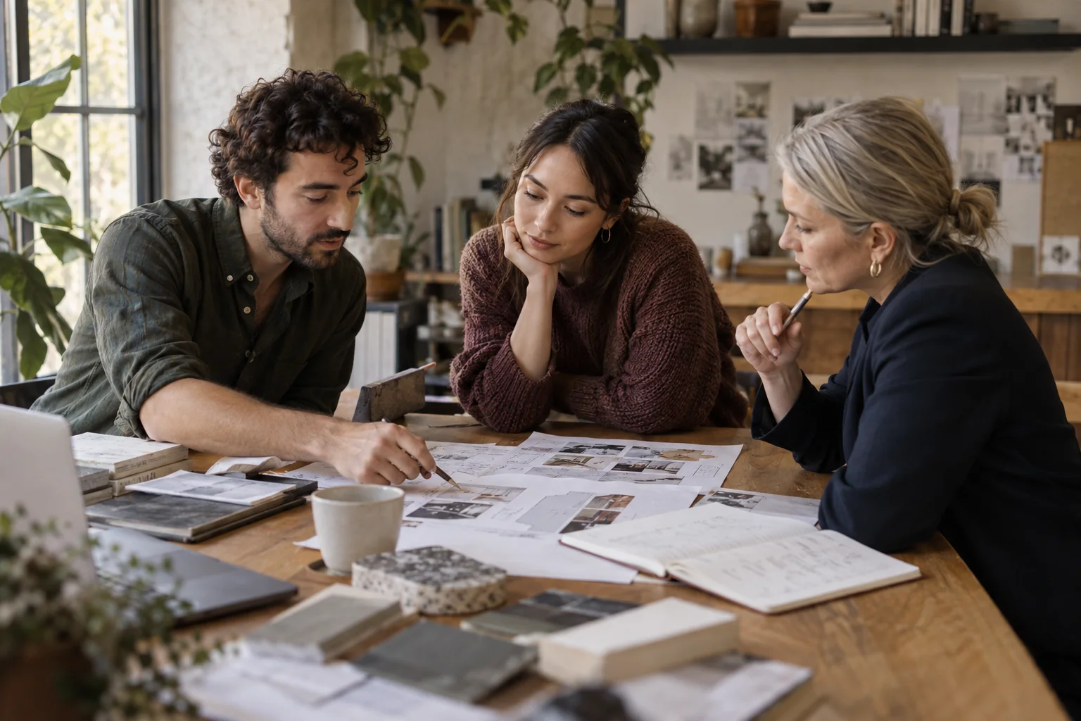 Three people discussing plans around an oak worktable