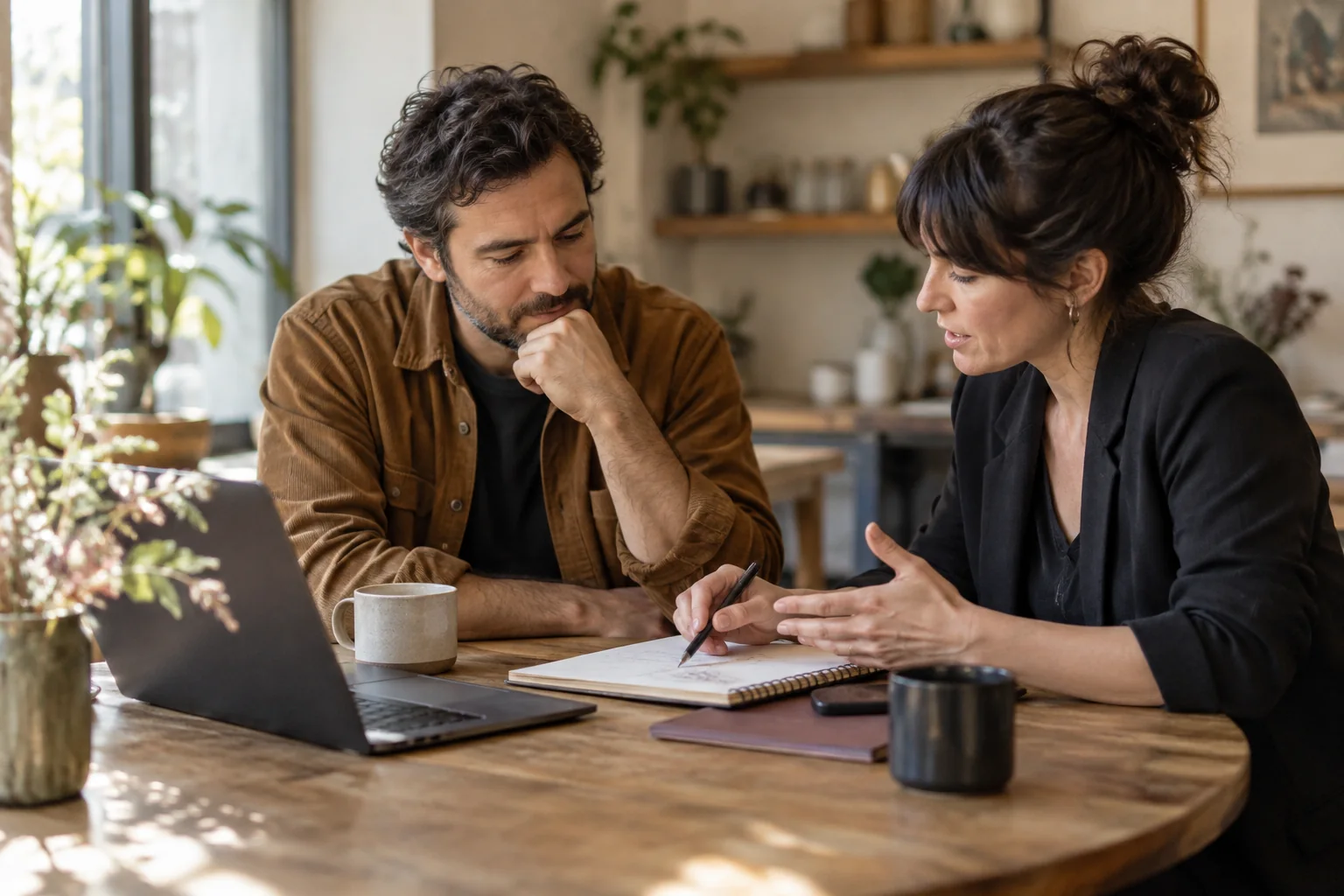 A business owner and adviser discussing project options and notes